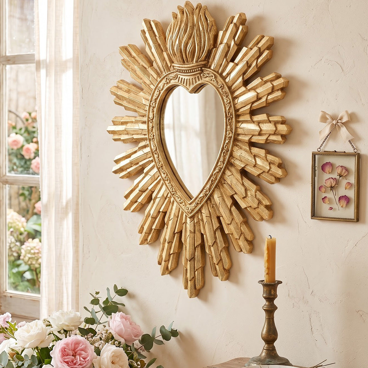 Heart shaped solar wall mounted mirror