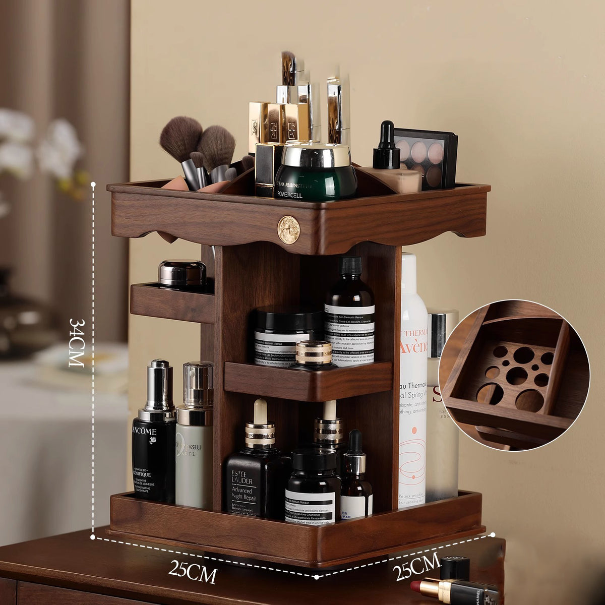 Cosmetics desktop storage cabinet with rotating solid wood