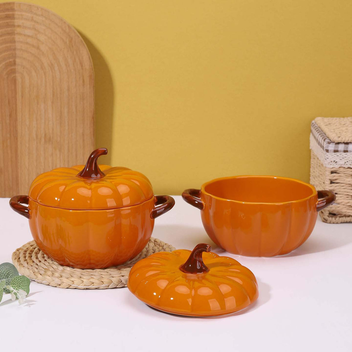 Cute Pumpkin Shape Ceramic Soup Bowl with Lid &amp; Double Handles, Noodle Serving Bowl for Home Kitchen