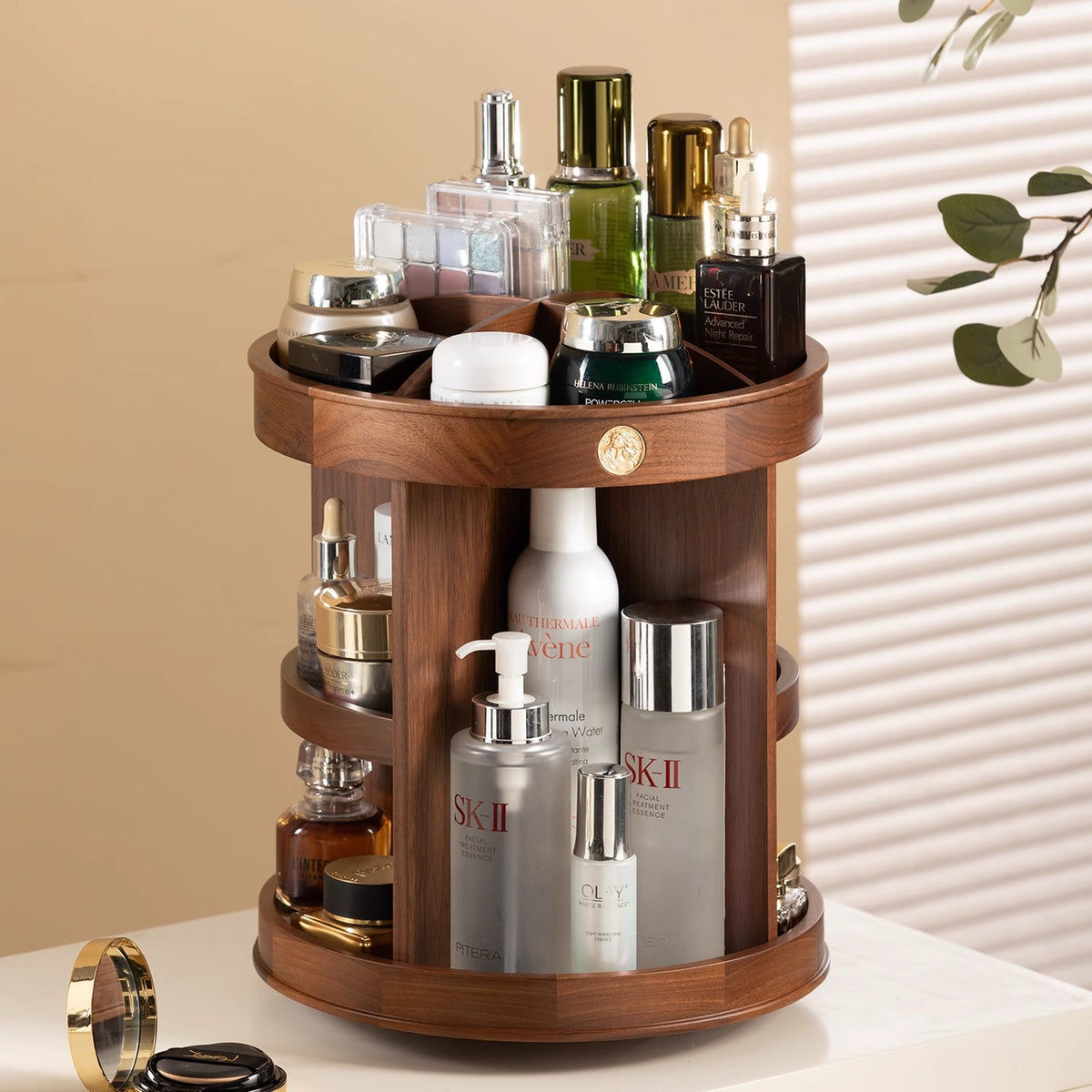 Cosmetics desktop storage cabinet with rotating solid wood