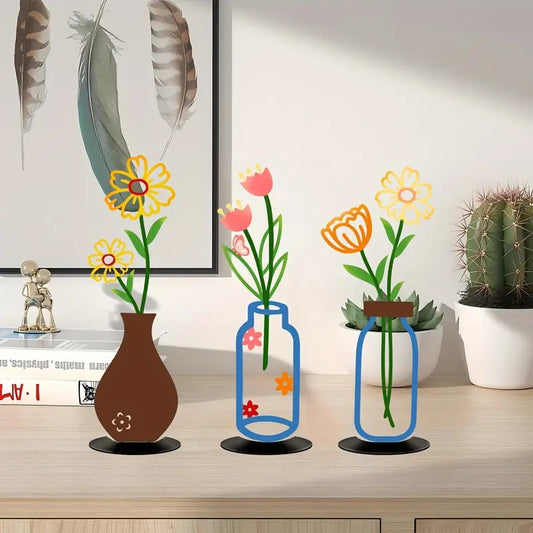 Wall Decoration Art Piece - 2D Flat Colorful Printed Vase with Flower Insert