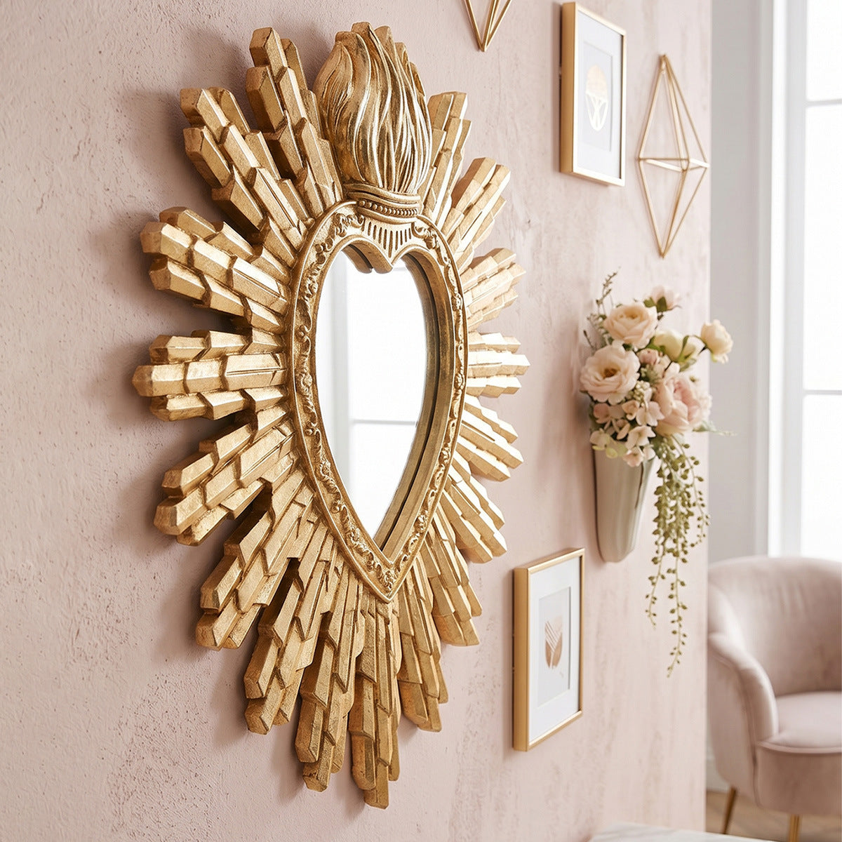 Heart shaped solar wall mounted mirror