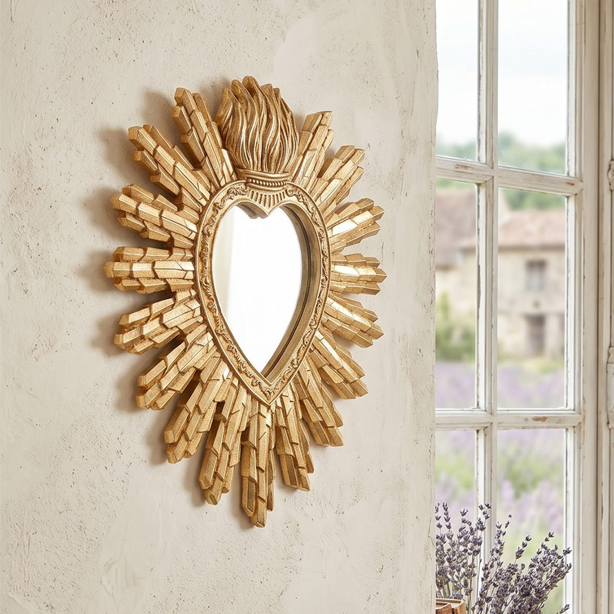 Heart shaped solar wall mounted mirror