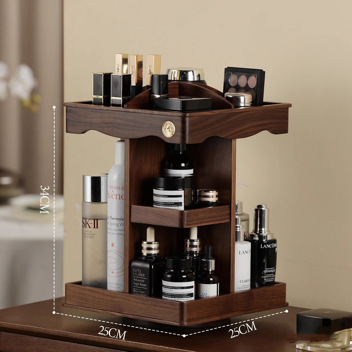 Cosmetics desktop storage cabinet with rotating solid wood