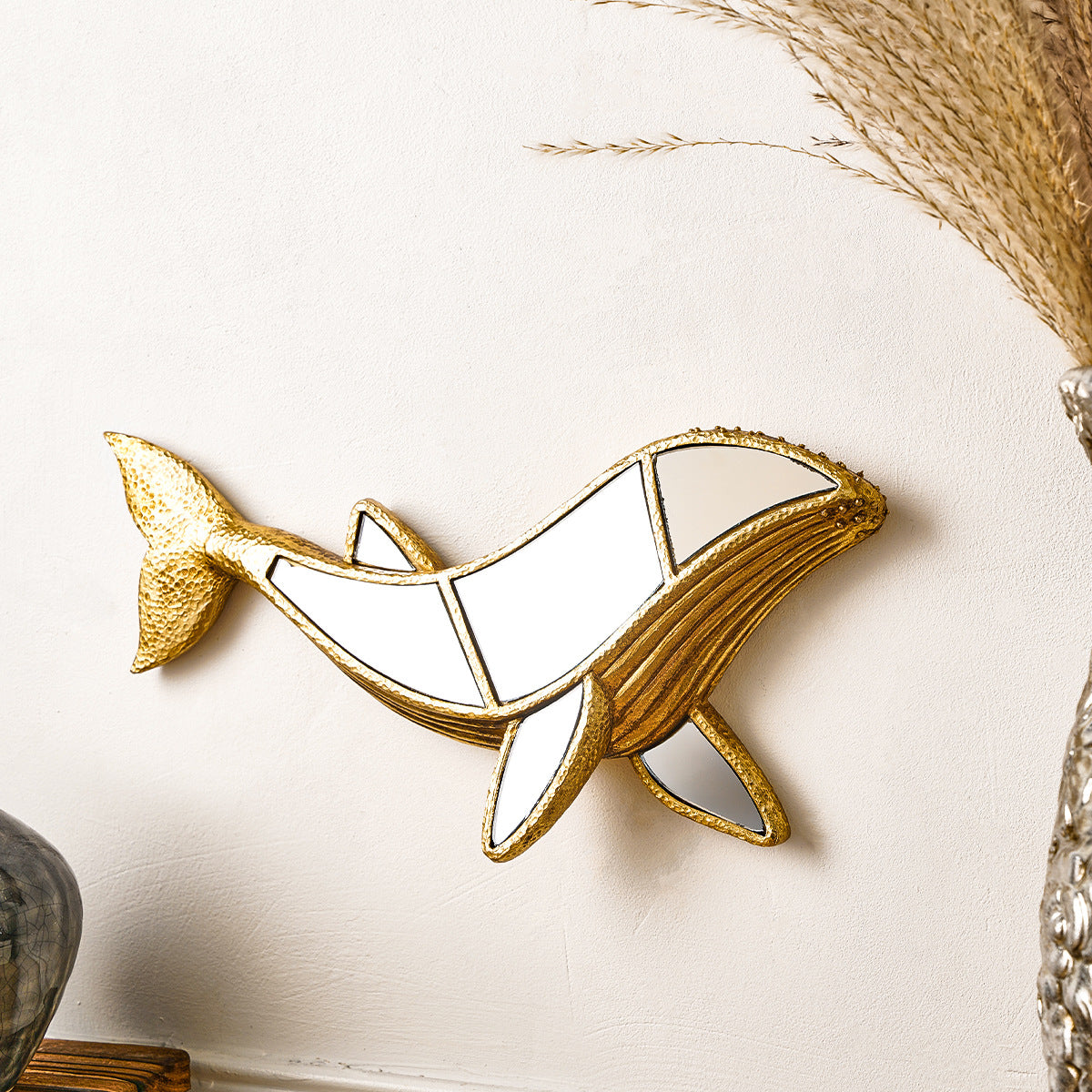 Golden whale mirror wall decoration