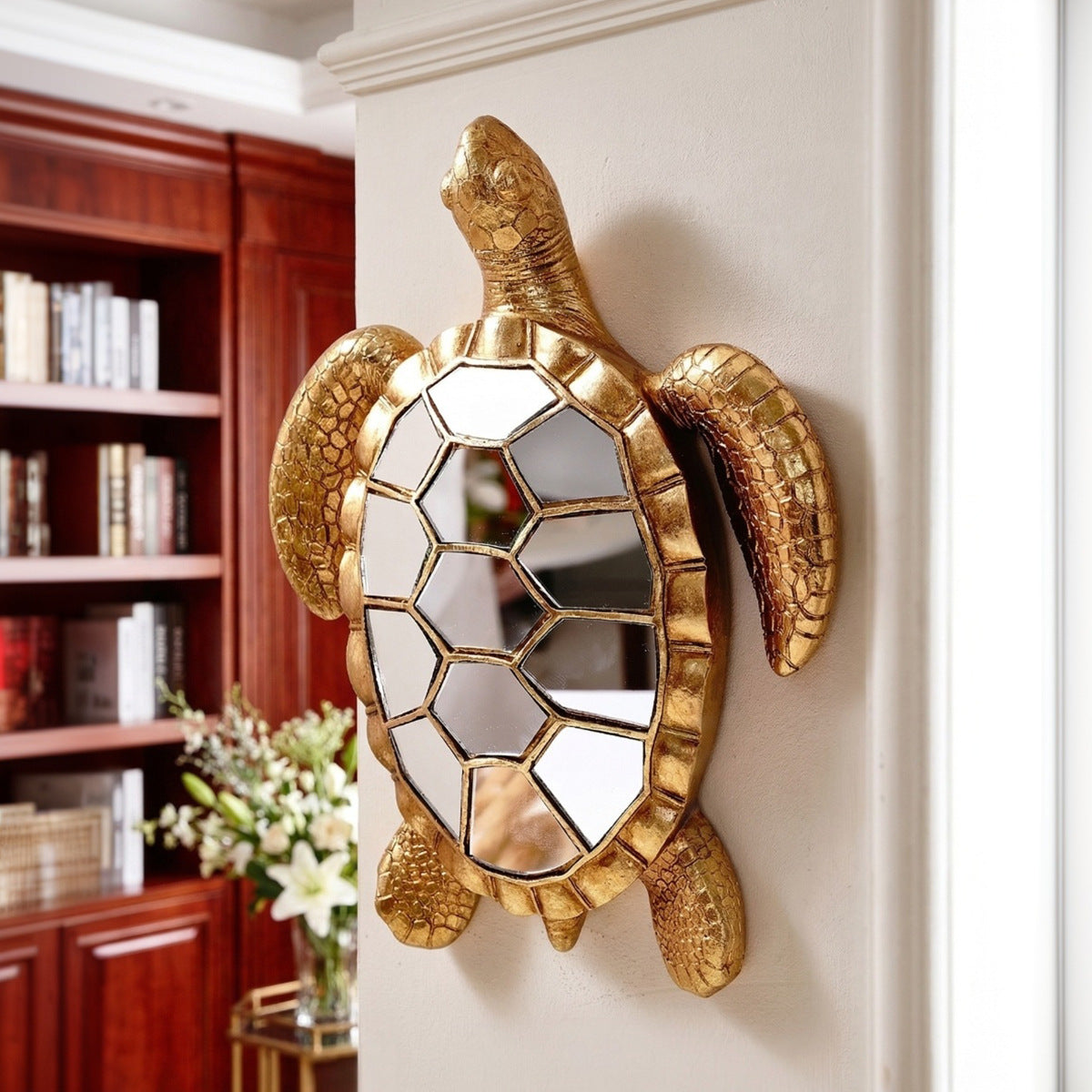 Golden resin turtle statue mirror glass decoration