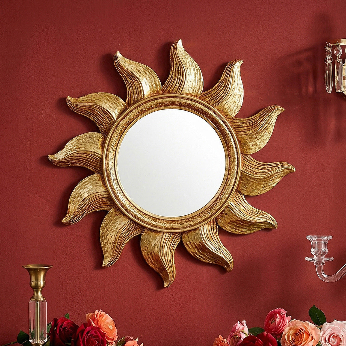 Golden Sunflower Circular Decorative Hanging Mirror
